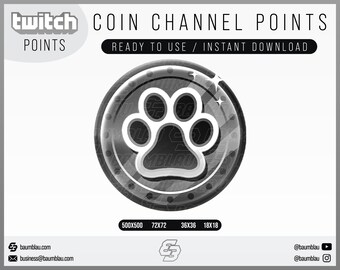 May include: A black and white Twitch channel point coin with a paw print design. The coin is surrounded by a silver ring with a textured surface. The coin is available in five different sizes: 500x500 pixels, 72x72 pixels, 36x36 pixels, and 18x18 pixels.