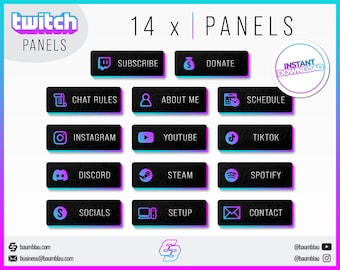 14x Twitch Panels-pakket - Paarsblauwe Glow-panelen | Schone neonpanelen - Direct downloaden / klaar voor gebruik