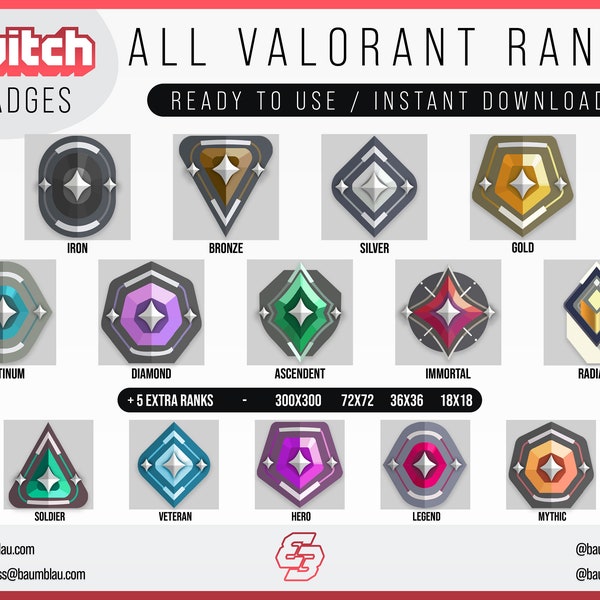 Todos los rangos de insignias de Valorant + NUEVO rango de ascendente + 5 rangos adicionales / insignias de animadoras/sustitutas Rangos de Valorant - Gestos de Valorant - Insignias de Valo Twitch