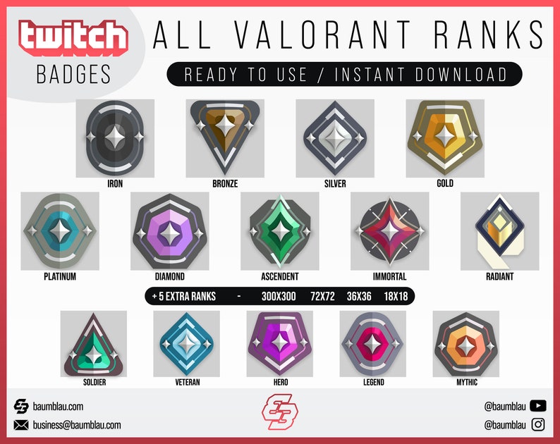 All Valorant Badges Ranks NEW Ascendent Rank 5 extra Ranks Cheer/Sub Badges Valorant Ranks Valorant Emotes Valo Badges Twitch image 1