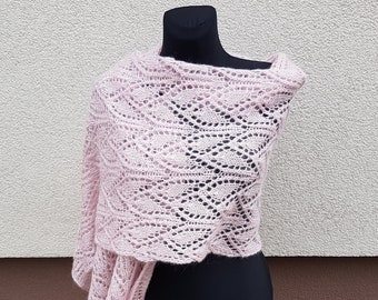 Handmade Mohair Blend Knitted Shawl, Baby Pink Lace Scarf