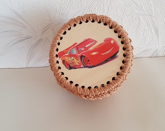 Box, Beige Basket, Brown Round Box, Beige Box, Box with Lid, Basket, Crocheted Cord Box, Wooden Pieces, Gift, Present, Car, Box with Car