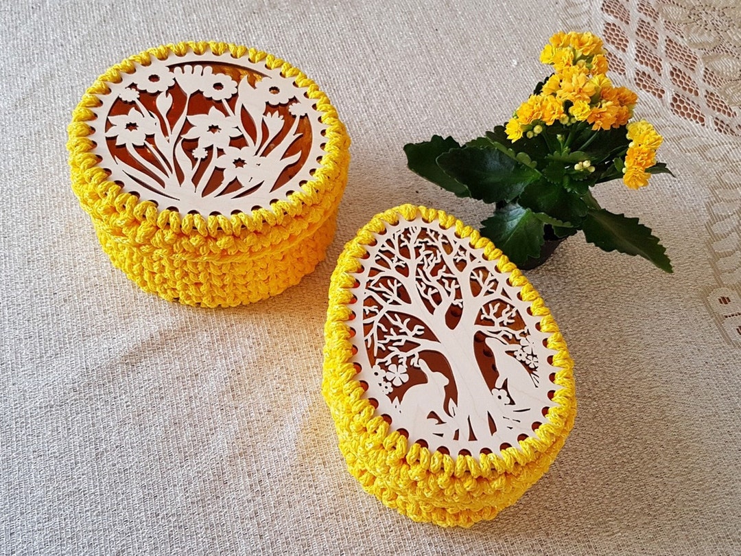 Yellow Rounded Box Box, Crocheted Box, Yellow Crocheted Box, Yellow Round Box, Box With ...