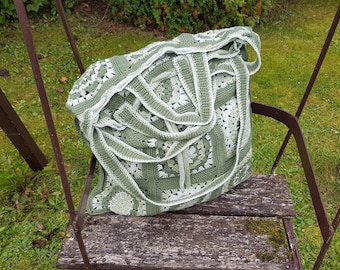 Handmade Crocheted Square Cotton Tote Bag, Green Moss Mint Multicolored Market Bag