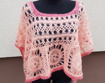 Hand Crocheted Mohair Poncho, Pink Netting Fork Cloak