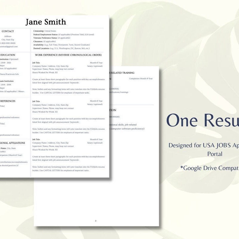 Usa Jobs Resume Template - Etsy