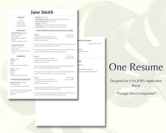 US Federal USA JOBS Resume Template Google Docs Modern - Etsy