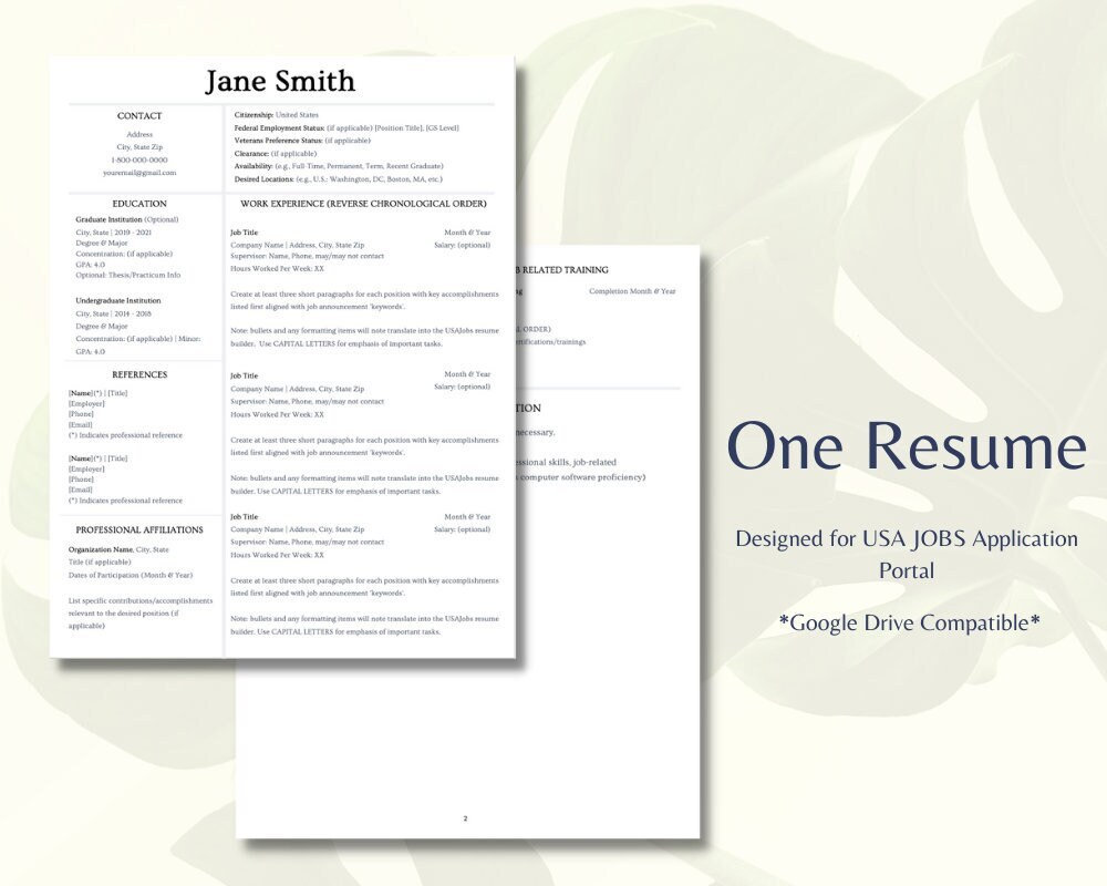 US Federal USA JOBS Resume Template Google Docs Modern - Etsy