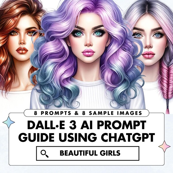 Beautiful Girls Dall-E3 & ChatGPT v4 Ai Art Prompt Guide, 8 Prompts And Sample Images, Watercolor American girl prompt, Customizable Prompts