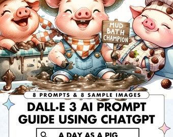 Schweine-Tag Dall-E3 & ChatGPT v4 Ai Art Prompt Guide, 8 Schweine-Tier-Aufgaben und Beispielbilder, Aquarell auf dem Bauernhof Schwein Dalle 3, anpassbare Vorgaben