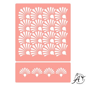 May include: A pink stencil with a repeating pattern of white stylised fans. The stencil is divided into two sections, the top section is larger and the bottom section is smaller. The smaller section has three fans in a row.