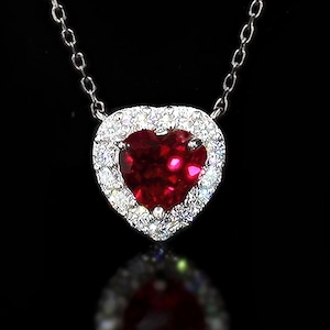 Ruby Necklace Rhodium Over Sterling Silver with Lab Corundum Ruby D/VVS Moissanite Halo Custom Made Necklace Fast Ship from USA