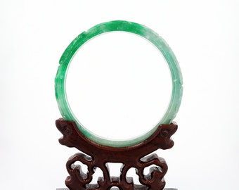 Jade Bangle Large Adult Bracelet Carved Green Jadeite Jade Good Luck Charm Translucent Quality