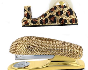 Leopard Crystallized Stapler Tape Dispenser Luxury Crystallized Office Bling Gifts High End Many Colors Gift Made by Hand