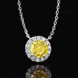 14K White Gold Yellow Moissanite Halo Pendant Necklace