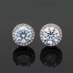 Moissanite Diamond Stud Large Earrings 8.5mm with Halo Sterling Silver 5 carats t.w. Push Backs Immediate Delivery Fast Shipping