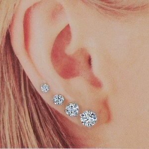 14Kt Gold Moissanite Stud Earrings: Round 3-Prong Push Backs