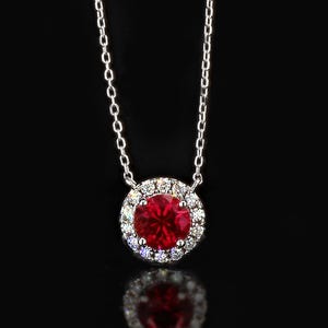 Handmade 14K White Gold Lab Ruby Necklace: Moissanite Halo Pendant