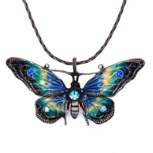 Blue Butterfly Necklace Plique a Jour Art Deco Translucent Enameling with Swarovski Crystals