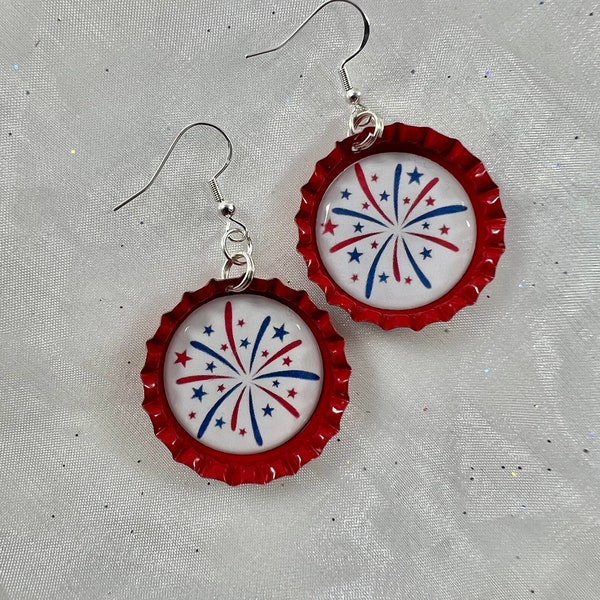 4th of July Earrings, Bottle Cap Earring, July 4th Earrings, Fireworks Earring, Independence Day Jewelry, America, Freedom, Let Freedom Ring