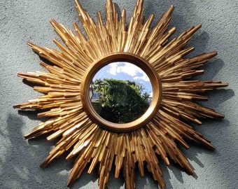 Zonvormige gouden vintage spiegel sunburst midcentury