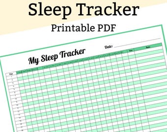 Op de afbeelding: Een printbare slaaptracker met een groen-wit kleurenschema. De tracker bevat kolommen voor datum, tijd, totale slaapuren en notities. De tijdsloten zijn van 17:00 uur tot 00:00 uur en vervolgens van 01:00 uur tot 12:00 uur.