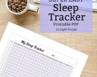 Op de afbeelding: Een printbare slaaptracker in lichtpaars. De tracker heeft een raster met kolommen voor datum, tijd, slaap en notities. De tekst "SUPER EASY Sleep Tracker Printable PDF In Light Purple" staat bovenaan de pagina.
