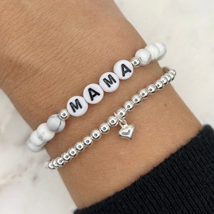 Mama Bracelet Set | Personalized Sterling Silver Name Bracelet | Custom Word Bracelet | Marble Bead Name Bracelet | Silver Name Bracelet