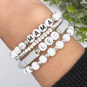 Personalized Beaded Bracelet | Name Bracelet | Mama Stack Bracelet | Custom Word Bracelet | Matte Bead Name Bracelet | Silver Name Bracelet