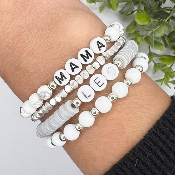 Personalized Beaded Bracelet | Name Bracelet | Mama Stack Bracelet | Custom Word Bracelet | Matte Bead Name Bracelet | Silver Name Bracelet