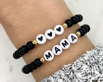 Mama Bracelet | Handmade Jewelry | Matte Black Beaded Bracelet | Personalized Name Bracelet | Beaded Word Bracelet | New Mom Gift |