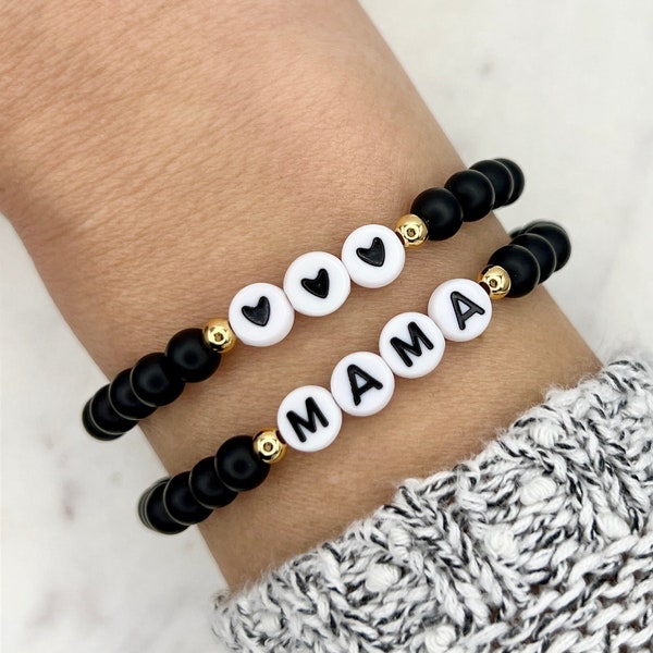 Mama Bracelet | Handmade Jewelry | Matte Black Beaded Bracelet | Personalized Name Bracelet | Beaded Word Bracelet | New Mom Gift |