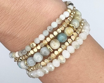 Set of 5 Stacking Bracelets | Layering Bracelet Set | Gemstone Bracelet Set | Bead Bracelet Set | Dalmatian Stone Bracelet | Stacking Set