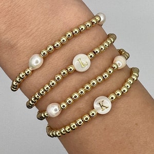 Gold Initial Bracelet | Personalized Initial Bracelet | Pearl Bracelet | Dainty Initial Bracelet | Gift for Bride | Custom Beaded Jewelry