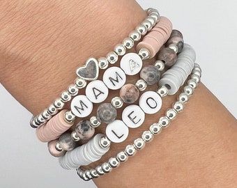 Mama Name Bracelet Stack | Silver Bracelet Set | Custom Name Bracelet | New Mom Gift | Beaded Name Jewelry | Word Bracelet | Letter Beads