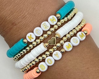 Personalized Word Bracelet | Custom Letter Bracelet | Mama Gift | Heishi Clay Disc Bracelet | Custom Beaded Jewlery | Heart Bracelet