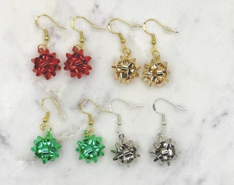 Christmas Bow Earrings | Holiday Bow Dangle Earrings | Christmas Jewelry | Metal Bow Earrings | Festive Earrings