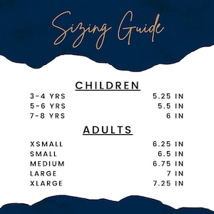May include: Sizing guide for children and adults with measurements in inches. Children's sizes are 3-4 years, 5-6 years, and 7-8 years. Adult sizes are X-Small, Small, Medium, Large, and X-Large.