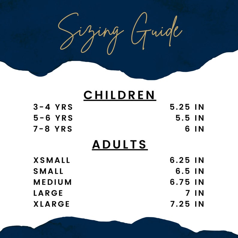 May include: Sizing guide for children and adults with measurements in inches. Children's sizes are 3-4 years, 5-6 years, and 7-8 years. Adult sizes are X-Small, Small, Medium, Large, and X-Large.