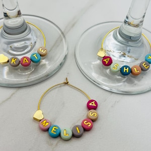 Personalized Name Glass Charms | Customized Glass Name Tags | Heart Wine Glass Charms | Bridal Shower Favors | Bachelorette Party Favors