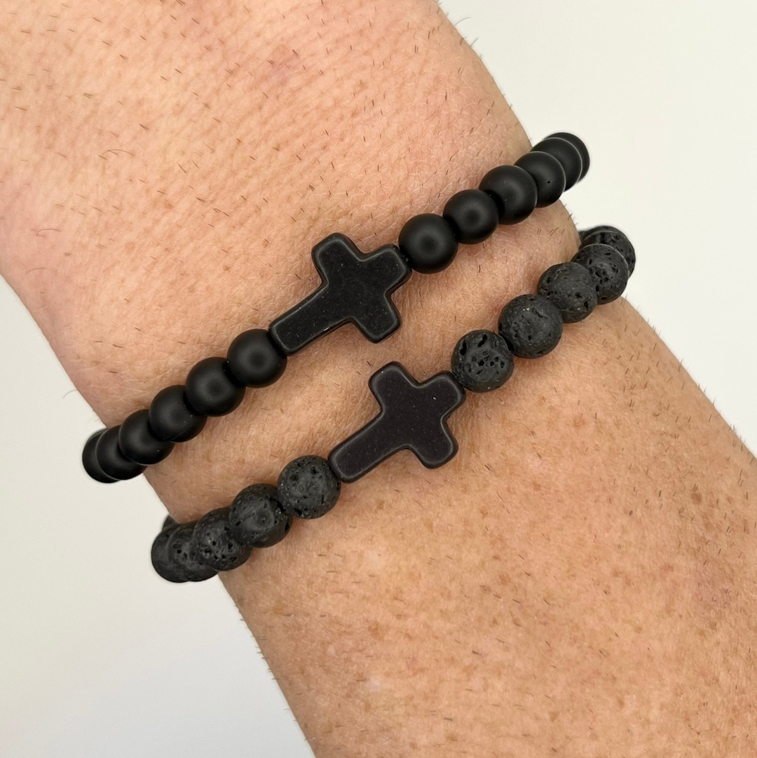Men's Cross Bracelet Black Beaded Cross Stretch Bracelet Religious Gift