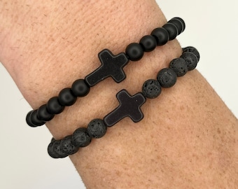 Men's Cross Bracelet | Black Beaded Cross Stretch Bracelet | Religious Gift | Christian Gifts | First Communion Gift | Faith Bracelet