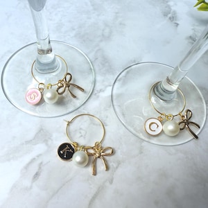 Personalized Initial Wine Glass Charms | Pearl Glass Name Tags | Coquette Bow Wine Glass Charms | Bridal Shower Favors | Bachelorette Favor