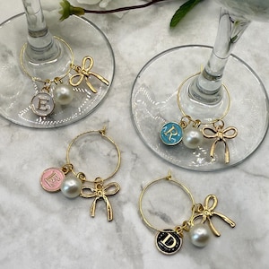 Personalized Initial Wine Glass Charms | Pearl Glass Name Tags | Coquette Bow Wine Glass Charms | Bridal Shower Favors | Bachelorette Favor