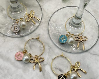 Personalized Initial Wine Glass Charms | Pearl Glass Name Tags | Coquette Bow Wine Glass Charms | Bridal Shower Favors | Bachelorette Favor