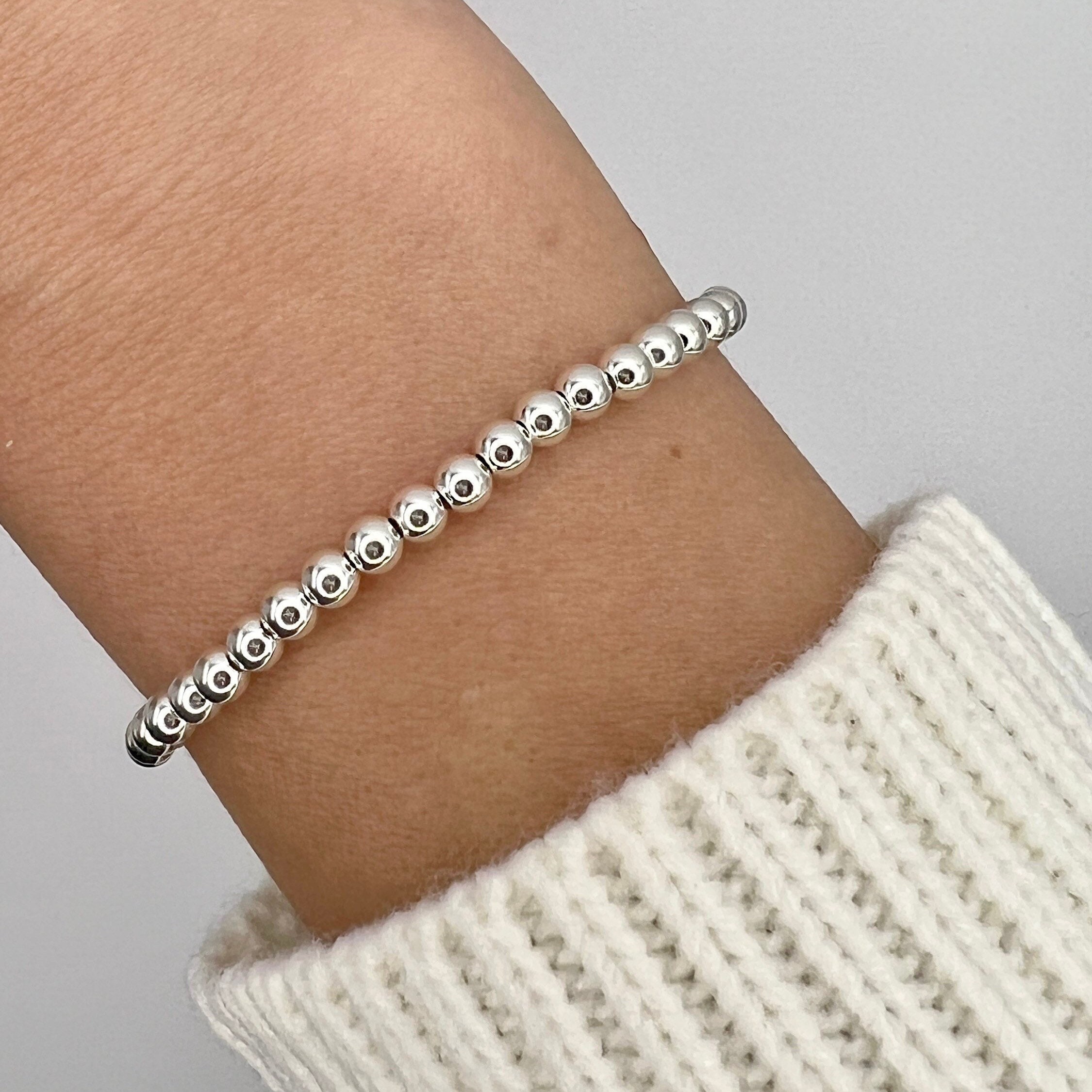 Sterling Silver Beaded Bracelet | Silver Bead Stretch Bracelet | Silver Stacking Bracelet | Silver Ball Bracelet | 4mm Sterling Silver