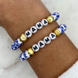 Blue Floral Beaded Name Bracelet | Porcelain Blue and White Chinoiserie Bracelet | Mother&#39;s Day Bracelet | Mama Gift | Grand Millennial