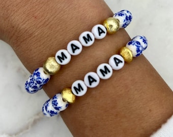 Blue Floral Beaded Name Bracelet | Porcelain Blue and White Chinoiserie Bracelet | Mother's Day Bracelet | Mama Gift | Grand Millennial