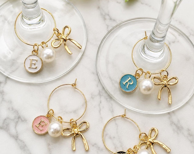 Personalized Initial Wine Glass Charms | Pearl Glass Name Tags | Coquette Bow Wine Glass Charms | Bridal Shower Favors | Bachelorette Favor