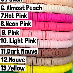 May include: A stack of 18 different coloured polymer clay beads, each with a number and name. The colours include red, orange, sunset, mango, peach, almost peach, hot pink, neon pink, pink, light pink, dark mauve, mauve, yellow, green, lime, olive, hunter, and sage.